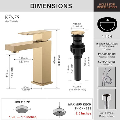 KENES Champagne Bronze Bathroom Faucet 1 Hole, Single Handle Gold Bathroom Sink Faucet, Vanity Faucet with Pop Up Drain and Supply Lines, LJ-9031-CB