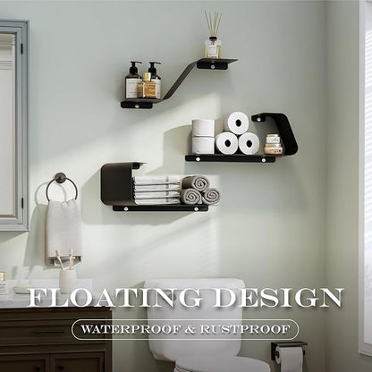 Sttoraboks Floating Shelves, Set of 3 Wall Mounted Metal Shelves with Unique Design for Wall Storage, Book Shelf, Display Shelves for Bathroom Bedroom Kitchen Living Room, Black