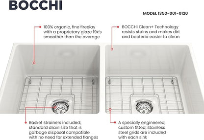 BOCCHI Contempo Farmhouse Apron Front Fireclay 36 in. Double Bowl Kitchen Sink with Protective Bottom Grid and Strainer in White