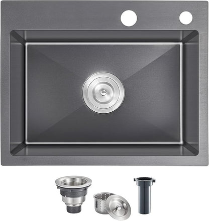 MENATT 24 Inch Drop-in Single Bowl Kitchen Sink Black, 304 Stainless Steel Handmade Topmount Kitchen Bar Residential Sink, D24"xW18"xH9"
