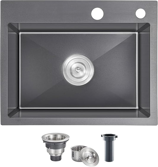 MENATT 24 Inch Drop-in Single Bowl Kitchen Sink Black, 304 Stainless Steel Handmade Topmount Kitchen Bar Residential Sink, D24"xW18"xH9"