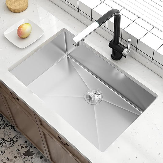 30 Inch Undermount Kitchen Sink - 30x19x9 Kitchen Sinks with Brushed, 18 Gauge 304 Stainless Steel Includes Drain Strainer, Deep Single Bowl Handmade Basin