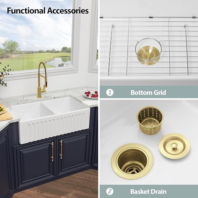 33 Double Bowl Farmhouse Sink - Kichae 33X20 Inch Kitchen Sink Reversible Apron Front Fireclay Ceramic Porcelain White Double Basin 50/50 Kitchen Sink
