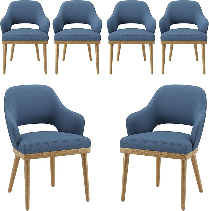MALOL Wooden Dining Chairs Set of 6, Modern Fabric Upholstered Dining Room Chair, Kitchen Side Chairs, Farmhouse Dinner Chair with Open Back for Kitchen, Blue