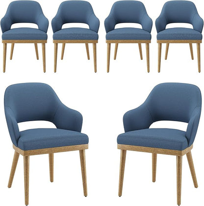 MALOL Wooden Dining Chairs Set of 6, Modern Fabric Upholstered Dining Room Chair, Kitchen Side Chairs, Farmhouse Dinner Chair with Open Back for Kitchen, Blue