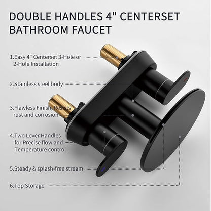 Bathroom Sink Faucet 3 Hole，Matte Black Waterfall Bathroom Faucet 4 Inch Centerset with Pop-Up Drain，2 Handles Stainless Steel faucets with Round Shelf for Vanity Sink, Rv