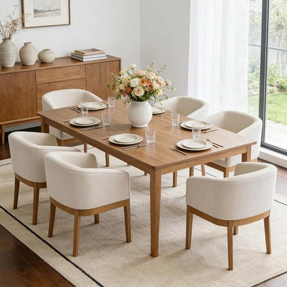 Barrel Dining Chairs Set of 6, Mid Century Modern Farmhouse Kitchen Chairs with Wood Legs, Linen Upholstered Accent Chair with Arms for Living Room/Bedroom, Beige