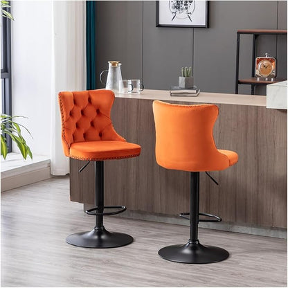 Swivel Velvet Barstools Adjusatble Seat Height from 25-33 Inch,17.7 inch Base, Modern Upholstered Bar Stools with Backs Comfortable Tufted for Home Pub and Kitchen Island,Orange,Set of 2