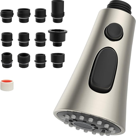 Hibbent 3-Function Pull Down Kitchen Faucet Head Replacement with 12 Adapters, NSF/ANSI/CAN 61 & CUPC Certified Sink Spray Nozzle, Compatible with Moen, Delta, Kohler Faucets, Brushed Nickel