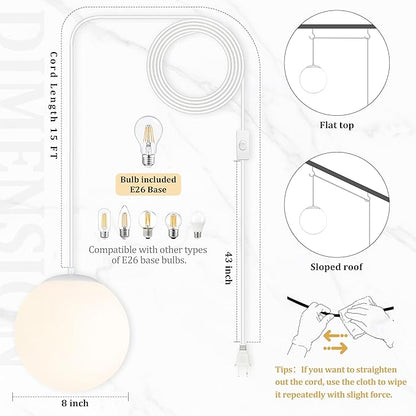 KoKo&Yukina 8" Globe Pendant Light White Plug in Pendant Light Adjustable Hanging Lights with Plug in Cord Matte White Finished with Milk Glass Lampshade for Bedroom Kitchen Island (Bulb Included)