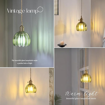 Shenmoyl Vintage Wall Sconce Wall Lamp Green Tulip Shade Pattern Glass Adjustable Chain Retro Gold Wall Mounted Light, Wall Lamp Fixtures Decor for Bedside Bedroom Indoor Doorway