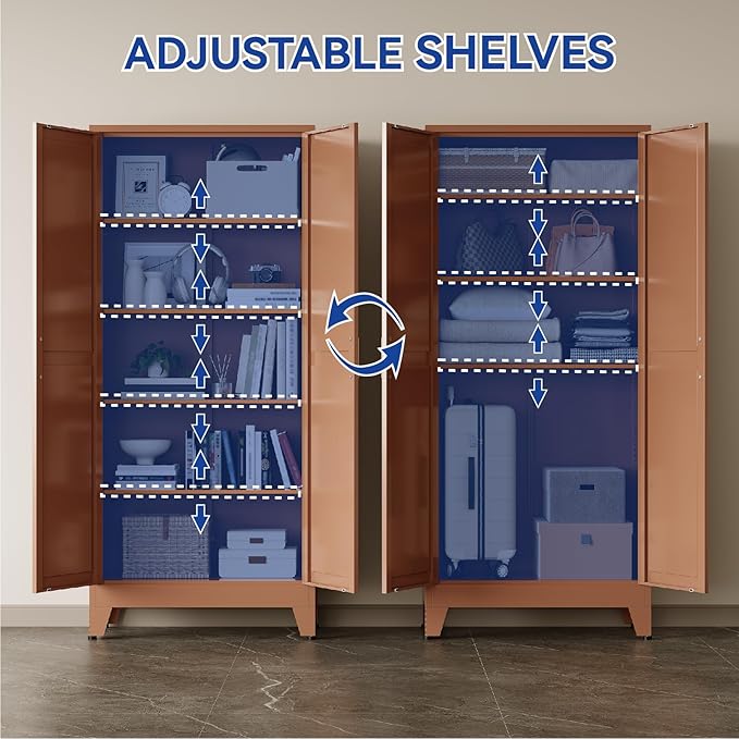 COFaR 71'' Tall Metal Storage Cabinet, Farmhouse Kitchen Pantry Cabinet with Doors and 4 Adjustable Shelves, Brown Metal Cabinets for Garage, Kitchen, Bathroom, Laundry, 5-Tier