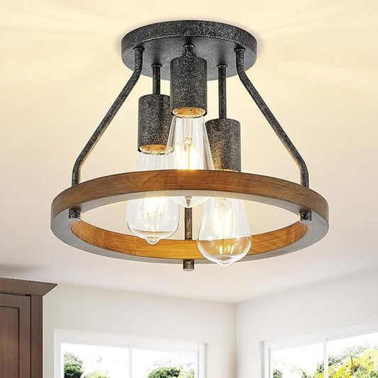 Retro Industrial Flush Mount Ceiling Light Fixture with Wood Circle Shade 3-Light Rustic Black Ceiling Light for Hallyway Entryway Bedroom Kitchen Sink