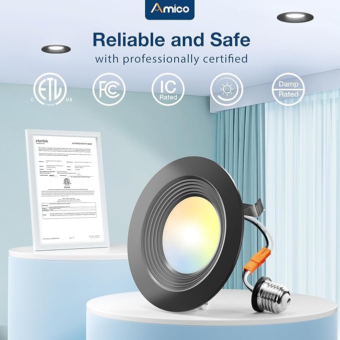 Amico 4 Pack 4 inch 5CCT LED Recessed Lighting, Dimmable, 8.5W=60W, 650LM, 2700K/3000K/4000K/5000K/6000K Selectable, Retrofit Can Lights with Baffle Trim, IC Rated - ETL & FCC, Black