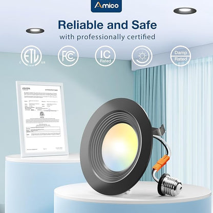 Amico 4 Pack 4 inch 5CCT LED Recessed Lighting, Dimmable, 8.5W=60W, 650LM, 2700K/3000K/4000K/5000K/6000K Selectable, Retrofit Can Lights with Baffle Trim, IC Rated - ETL & FCC, Black