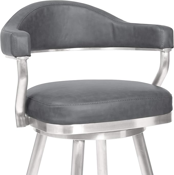 Armen Living Justin Modern Farmhouse 30" Seat Height Swivel Vintage Gray Faux Leather Bar Stool with Brushed Stainless Steel Legs for Kitchen Island Counter