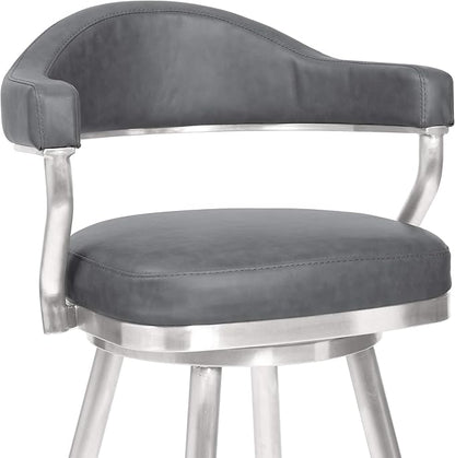 Armen Living Justin Modern Farmhouse 30" Seat Height Swivel Vintage Gray Faux Leather Bar Stool with Brushed Stainless Steel Legs for Kitchen Island Counter