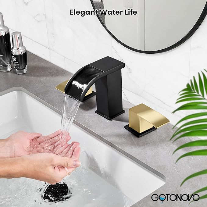 gotonovo Waterfall 8 inch Widespread Bathroom Faucet Set Bathroom Sink Faucet 3 Hole 2 Handle Vanity Lavatory Deck Mount with Pop Up Drain and Water Supply Lines Square Body Brushed Gold and Black