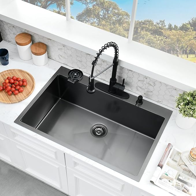 30×22 Drop In Kitchen Sink with Faucet Combo - Black Stainless Steel Drop In Sink with Cup Washer, 9 Inch Deep Single Bowl Sinks and Faucets Combo Set,Top Mount Design for Modern Kitchens
