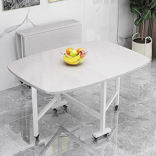 Folding Dining Table,Drop Leaf Extension Folding Table with Wheels,Solid Wood Foldable Kitchen Island Table,Small Apartment Collapsible Table,Space Saving(47.2 x 27.5 in, White)