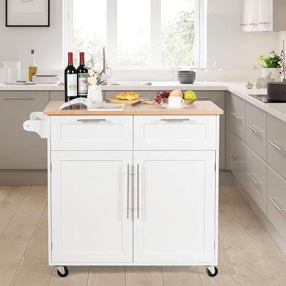 COSTWAY Kitchen Island on Wheels, Kitchen Cart with Side Towel Bar, 2 Drawers, 2 Door Cabinet, Rolling Storage Trolley Cart with Rubber Wood Top & Lockable Casters (White)