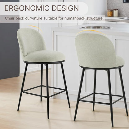 26" Counter Height Swivel Bar Stools Set of 3, Upholstered Linen Fabric Barstools with Backs and Metal Legs for Kitchen Island,Grey