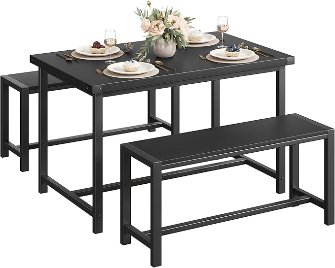 CABIHOME Dining Table Set for 4 with 2 Benches, Kitchen Table Set for 4-6 with Corner Protector, Dining Table and 2 Benches with H-Shaped Frame for Small Space, Kitchen, Apartment，Black