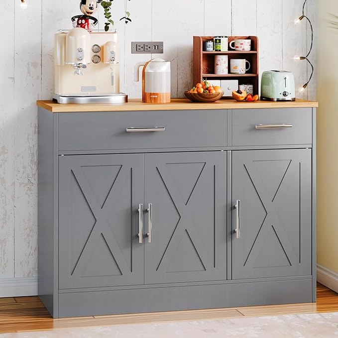 SUNLEI Kitchen Buffet Sideboard Cabinet, Wooden Storage with 3 Doors and 2 Drawers, Adjustable Shelf, Modern Farmhouse Coffee Bar Cabinet with Storage for Kitchen/Laundry/Living Room,Grey