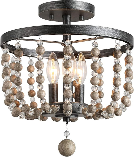 LALUZ Ceiling Light Fixture, 3-Light Bohemian Lighting for Entryway, Foyer, Distressed Wood Bead Chandelier, Dark Silver Brushed, 12 D” x 13.6” H