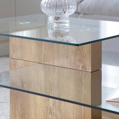 Glass Coffee Table with Storage, 44 Inch Rectangular Coffee Tables for Living Room, 3-Tier Tempered Glass Wooden Center Table Modern Accent Cocktail Table for Home Office (Wood)
