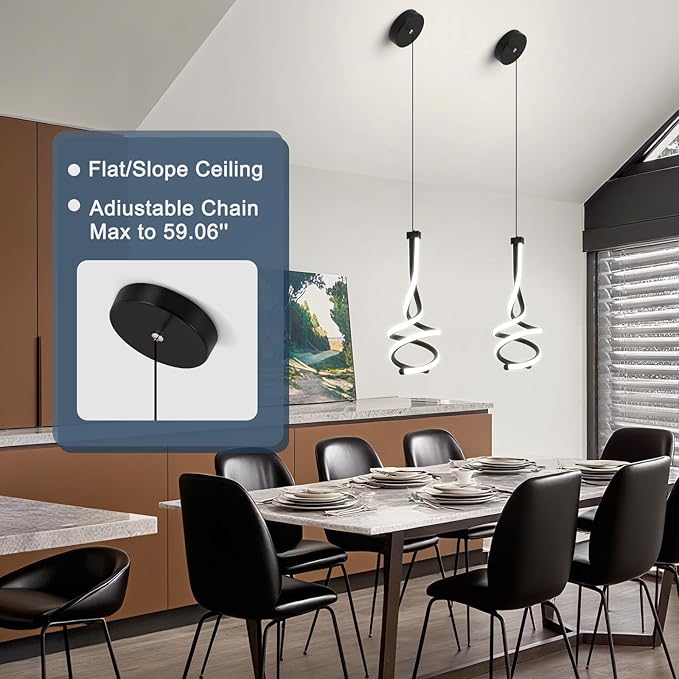 EIDISUNY Modern Pendant Light, Spiral LED Pendant Light Fixture, 4500K LED Hanging Lamp, Black Chandelier Lights Fixture, 20W Adjustable for Kitchen Island, Dining Room, Bedroom,1 Pack
