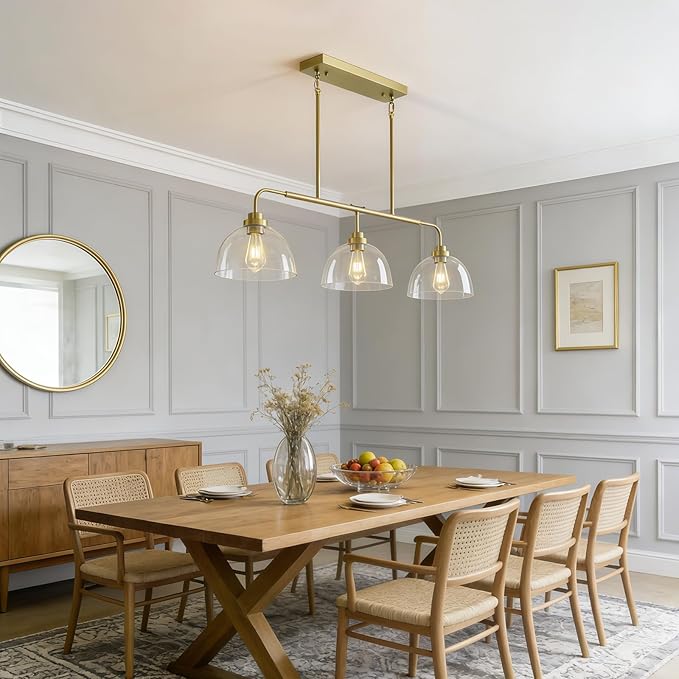 Dining Room Light Fixtures over Table, Large Kitchen Island Lights Modern Farmhouse Chandelier Vintage Brushed Gold Rectangle Chandelier Light Fixture with 3 Big Clear Glass Dome,Height Adjustable
