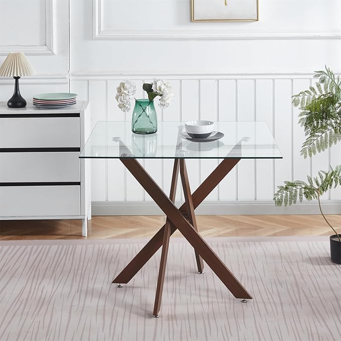 36'' Square Glass Dining Table for 2-4, X-Shape Walnut Metal Legs, Glass Tea Table Square Kitchen Table for Small Space