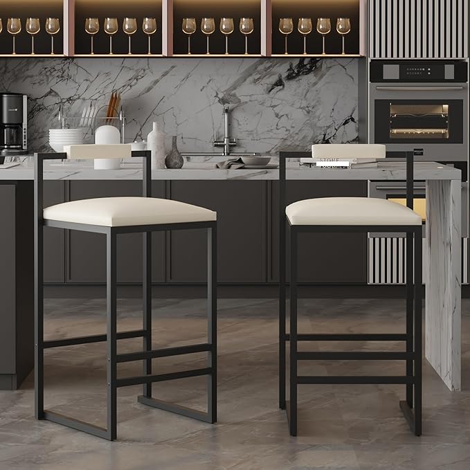 Set of 2 Counter Height Barstools Kitchen Island Stools with Back Modern Armless Metal Legs & PU Upholstered Chairs,for Living Room