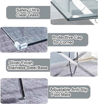 51" Glass Dining Table for 4, Contemporary Rectangular Dining Room Table with Tempered Glass Top & Silver Finish Stainless Steel Legs, Modern Kitchen Table for Home Office