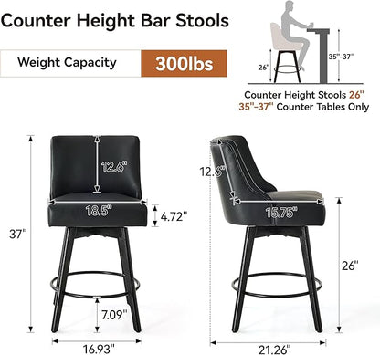 Vipbear Counter Height Bar Stools Set of 4, 26" H Swivel Bar Stools with Backs, PU Leather Upholstered Bar Chairs with Solid Wood Legs for Kitchen Island, Dining Room, Home Bar, Black