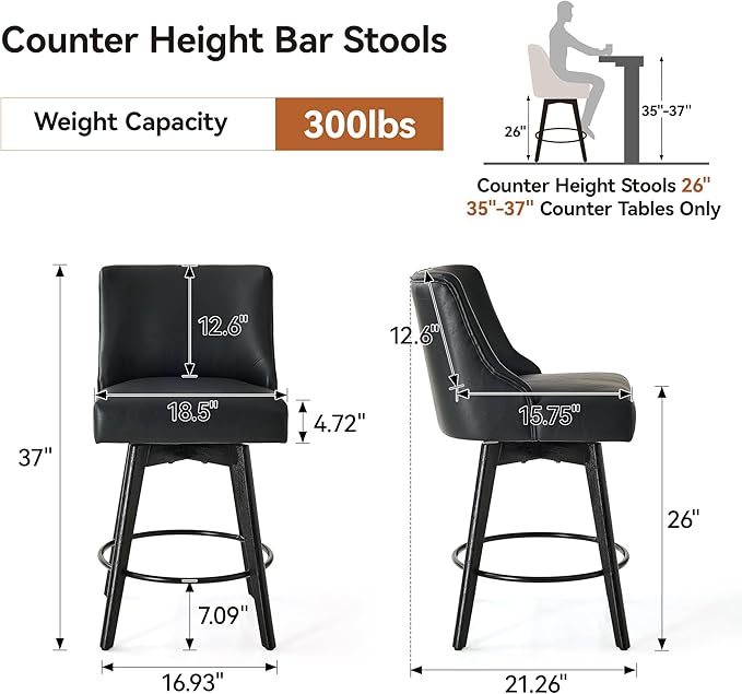 Vipbear Counter Height Bar Stools Set of 2, 26" H Swivel Bar Stools with Backs, PU Leather Upholstered Bar Chairs with Solid Wood Legs for Kitchen Island, Dining Room, Home Bar, Black