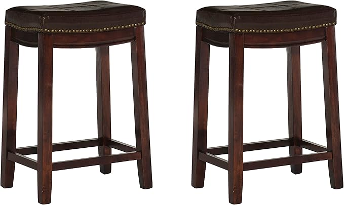 Linon Kingston Brown Wooden Backless 26.5 Inch Seat Height Counter Stool with Brown Faux Leather Upholstered Seat and Nailheads