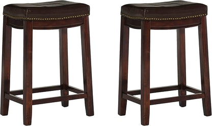 Linon Kingston Brown Wooden Backless 26.5 Inch Seat Height Counter Stool with Brown Faux Leather Upholstered Seat and Nailheads