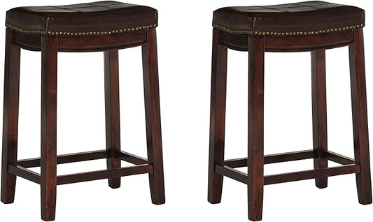 Linon Kingston Brown Wooden Backless 26.5 Inch Seat Height Counter Stool with Brown Faux Leather Upholstered Seat and Nailheads