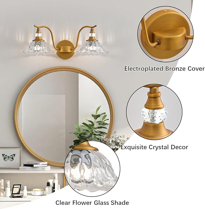 Vintage Bathroom Vanity Light Fixtures - 2 Light Antique Brass Bathroom Lights Fixture Over Mirror with Clear Flower Glass,Retro Brushed Gold Bronze Wall-Mounted Vanity Lighting for Powder Room