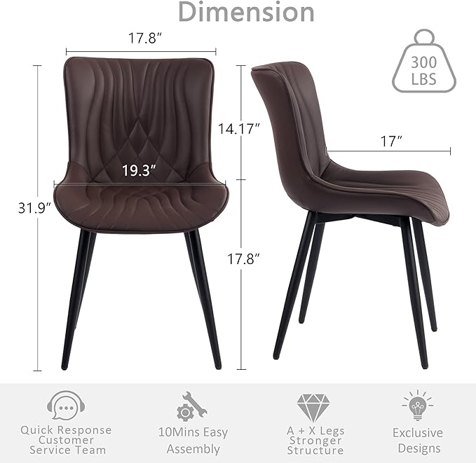 Kidol & Shellder Dining Chairs Set of 2, Mid Century Modern Kitchen Chairs with Black Metel Legs, PU Leather Upholstered Side Chair for Dining Room, Living Room, Lounge, Restaurant, Brown