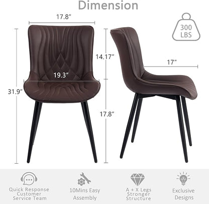 Kidol & Shellder Dining Chairs Set of 2, Mid Century Modern Kitchen Chairs with Black Metel Legs, PU Leather Upholstered Side Chair for Dining Room, Living Room, Lounge, Restaurant, Brown
