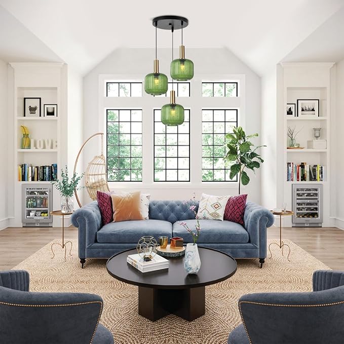 3-Light Mid-Century Modern Pendant Light with Green Glass Globes Vintage Gold Finish, Kitchen Island Chandelier for Dining Room, Bar, Breakfast Nook