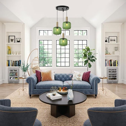 3-Light Mid-Century Modern Pendant Light with Green Glass Globes Vintage Gold Finish, Kitchen Island Chandelier for Dining Room, Bar, Breakfast Nook
