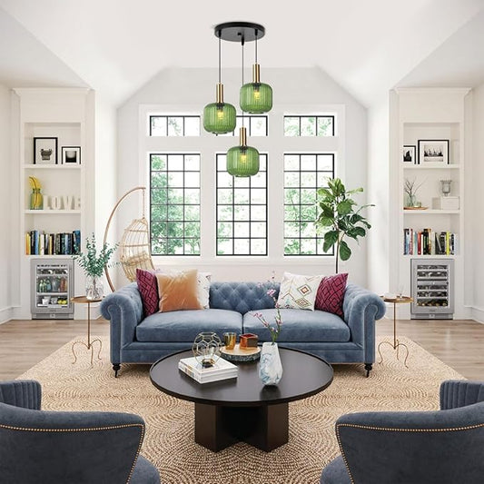 3-Light Mid-Century Modern Pendant Light with Green Glass Globes Vintage Gold Finish, Kitchen Island Chandelier for Dining Room, Bar, Breakfast Nook