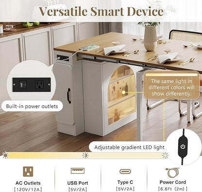 Extendable Dining Table with Storage and Charging Station, Rolling Kitchen Island with LED Lights and USB, 3-Leaf Expandable Drop Leaf Table with Wheels for Small Space, Modern Buffet Server
