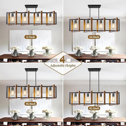 4 Lights Dining Room Light Fixture, Farmhouse Kitchen Island Lighting Wood and Black Metal Rectangular Hanging Chandelier for Ceiling Living Room, Modern Rustic Pendant Lighting Fixture Over Table