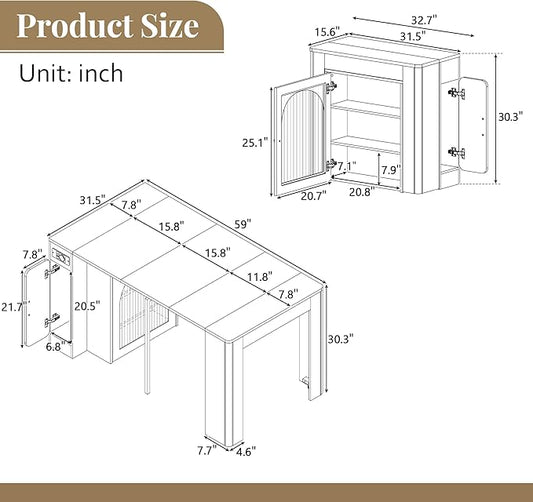 Extendable Dining Table with 3 Removable Middle Leaves, Mobile Rolling Island Table with Power Outlet, Saving-Space Cabinet with Storage for Dining Room and Living Room