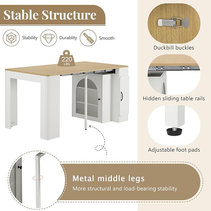 Extendable Dining Table with 3 Removable Middle Leaves, Mobile Rolling Island Table with Power Outlet, Rolling Kitchen Cart with Storage for Dining Room and Living Room (Cream White and Natural)